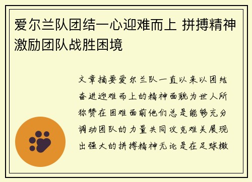爱尔兰队团结一心迎难而上 拼搏精神激励团队战胜困境