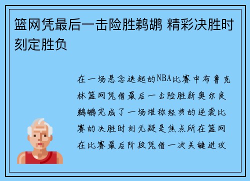 篮网凭最后一击险胜鹈鹕 精彩决胜时刻定胜负
