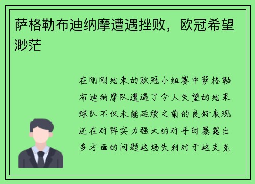 萨格勒布迪纳摩遭遇挫败，欧冠希望渺茫