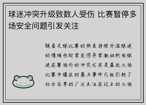 球迷冲突升级致数人受伤 比赛暂停多场安全问题引发关注