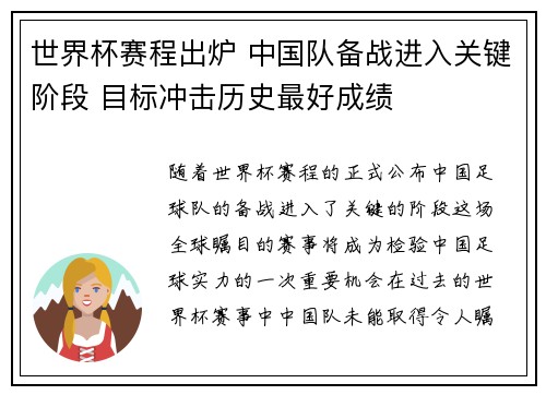 世界杯赛程出炉 中国队备战进入关键阶段 目标冲击历史最好成绩